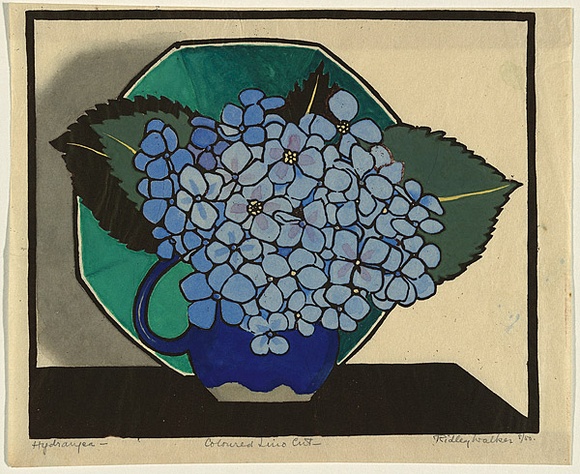 Title: b'Hydrangea' | Date: c.1930 | Technique: b'linocut, printed in colour, from multiple blocks'