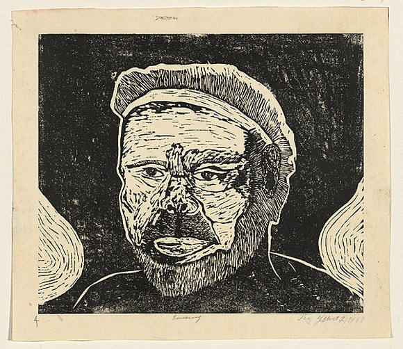 Artist: b'Gilbert, Kevin.' | Title: b'Burrawong' | Date: 1968 | Technique: b'linocut, printed in black ink, from one block'