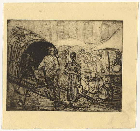 Artist: b'TRAILL, Jessie' | Title: b'Market, Furnes, Belgium' | Date: 1907 | Technique: b'softground-etching, printed in black ink, from one plate'