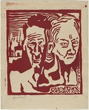 Artist: b'Roberts, Douglas.' | Title: b'(Faces of pain).' | Date: c.1943 | Technique: b'linocut, printed in red ink, from one block'