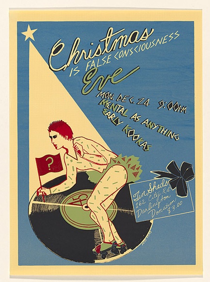 Artist: b'McMahon, Marie.' | Title: b'Christmas is false consciousness Eve [1979]' | Date: 1979 | Technique: b'screenprint, printed in colour, from six stencils; additional glitter' | Copyright: b'\xc2\xa9 Marie McMahon. Licensed by VISCOPY, Australia'