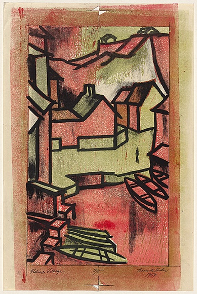 Title: b'Fishing village' | Date: 1959 | Technique: b'lithograph, printed in black ink, from one stone; linocut, printed in colour, from multiple blocks'
