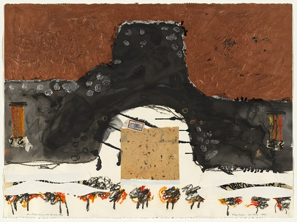 Artist: b'Lynn, Elwyn.' | Title: b'Burnt mountain with copper bronze sky' | Date: 1985, 20 June | Technique: b'lithograph, printed in black ink, from one stone; collage, postage stamps and envelopes; hand applied ink and paint'