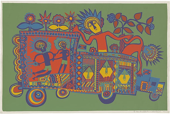 Artist: b'Kauage, Mathias.' | Title: b'Independence celebration 4' | Date: 1975 | Technique: b'screenprint, printed in colour, from seven screens' | Copyright: b'\xc2\xa9 approved by Elisabeth Kauage'