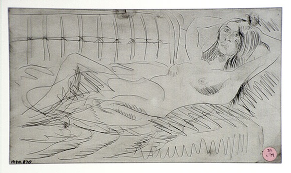 Artist: b'COLEING, Tony' | Title: b'Girl on cane couch.' | Date: 1985 | Technique: b'drypoint on acetate'