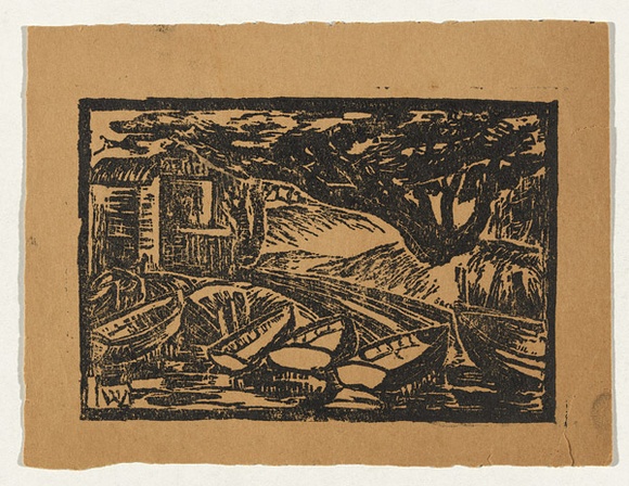 Artist: b'Woolcock, Marjorie.' | Title: b'Boats' | Date: 1950s | Technique: b'linocut, printed in black ink, from one block'