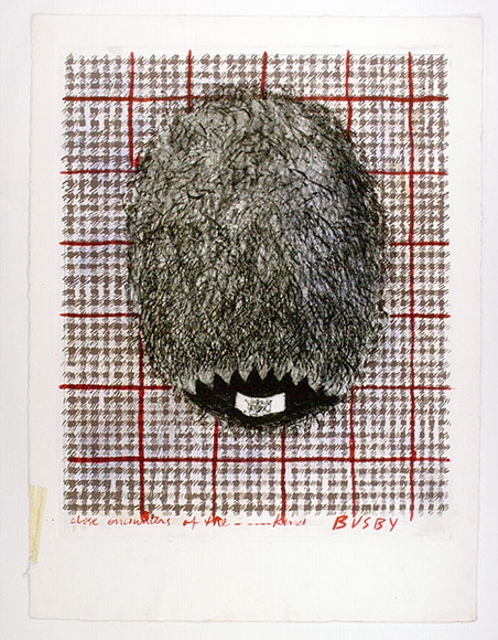 Artist: b'Moore, Mary.' | Title: b'Close encounter of the ...kind. Busby' | Date: 1980, April | Technique: b'mezzotint, drypoint and engraving, printed in black; lithograph, printed in colour, from three plates with green ballpoint pen' | Copyright: b'\xc2\xa9 Mary Moore'