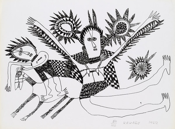 Artist: b'Kauage, Mathias.' | Title: b'not titled [women and an animal]' | Date: 1987 | Technique: b'off-set lithograph, printed in black ink, from one plate'