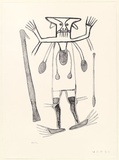 Artist: b'Burra Burra, Sambo.' | Title: b'not titled [figure, throwing stick, nulla nulla]' | Date: 2000, November | Technique: b'lithograph, printed in black ink, from one stone'