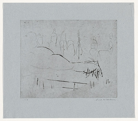 Artist: b'WILLIAMS, Fred' | Title: b'Burning tree stump, path and trees' | Date: 1965 | Technique: b'etching and drypoint, printed in black ink, from one copper plate' | Copyright: b'\xc2\xa9 Fred Williams Estate'
