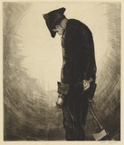 Title: not titled [man with axe and bottle og gin in pocket] | Date: 1930s | Technique: drypoint, printed in black ink, from one plate