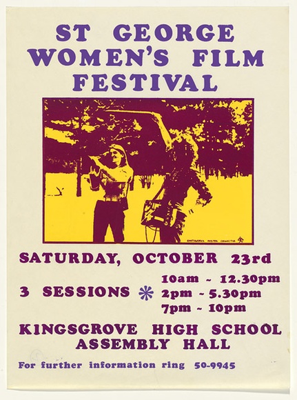 Artist: b'Robertson, Toni.' | Title: bSt George Women's Film Festival | Date: 1976 | Technique: b'screenprint, printed in colour, from three stencils' | Copyright: b'\xc2\xa9 Toni Robertson'