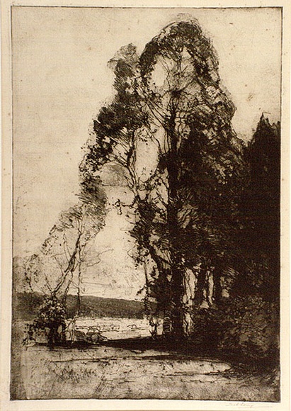 Artist: b'LONG, Sydney' | Title: b'Pastoral softground' | Date: 1918 | Technique: b'softground-etching, printed in warm black ink, from one zinc plate' | Copyright: b'Reproduced with the kind permission of the Ophthalmic Research Institute of Australia'