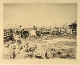 Artist: b'LINDSAY, Lionel' | Title: b'The drafting gate, Bendemeer' | Date: 1925 | Technique: b'drypoint, printed in black ink with plate-tone, from one plate' | Copyright: b'Courtesy of the National Library of Australia'