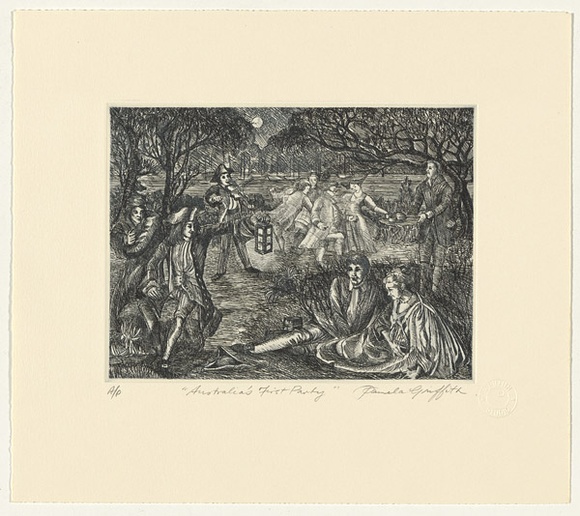 Artist: b'GRIFFITH, Pamela' | Title: bAustralia's first party | Date: 1988 | Technique: b'hard ground, drypoint on one copper' | Copyright: b'\xc2\xa9 Pamela Griffith'