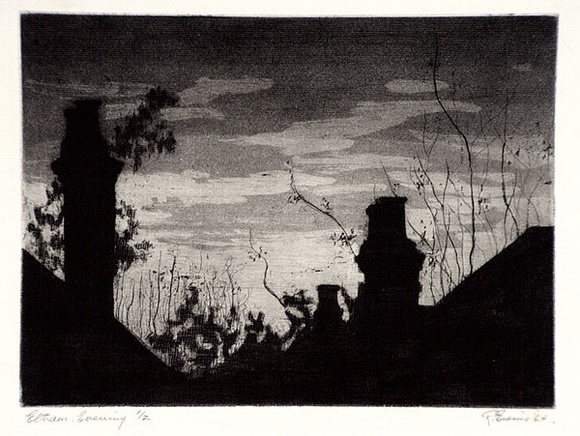 Artist: b'EWINS, Rod' | Title: b'Eltham evening.' | Date: 1964 | Technique: b'etching, softground etching and aquatint, printed in black ink, from one copper plate'