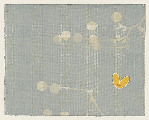 Artist: b'McPherson, Megan.' | Title: b'not titled [pale blue weave pattern with abstracted white branches and yellow butterfly]' | Date: 1999, October - November | Technique: b'relief, printed in colour from multiple blocks; inkjet print stitched on with silk thread'