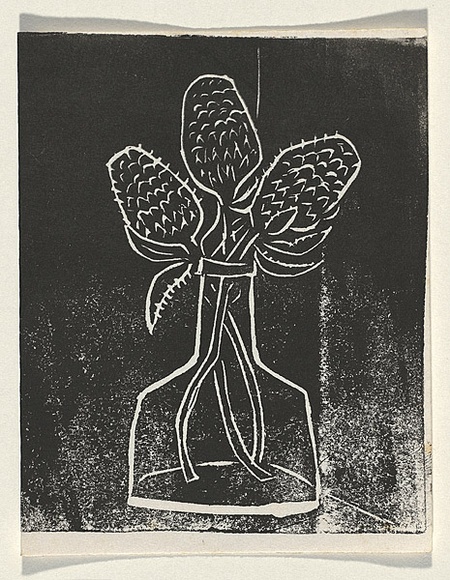 Title: b'Card: [banksia in vase]' | Technique: b'linocut, printed in black ink, from one block'