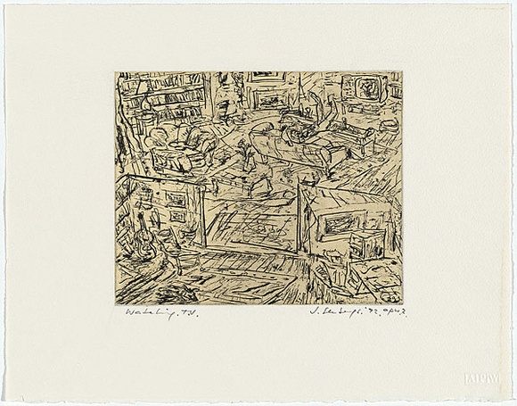 Artist: b'Senbergs, Jan.' | Title: b'Watching T.V.' | Date: 1992 | Technique: b'etching, printed in black ink, from one plate' | Copyright: b'\xc2\xa9 Jan Senbergs'