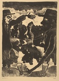 Artist: Hay, Bill. | Title: not titled [one figure smoking while grasping a beer, another figure pointing with a small figure in the background] | Date: 1989, August | Technique: lithograph, printed in black ink, from one stone