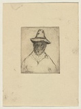 Title: not titled [portrait of a bearded man wearing bush hat and scarf] | Date: c.1960 | Technique: etching, printed in warm black ink, from one plate