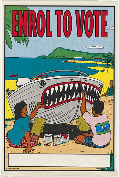 Title: b'Enrol to vote [shark]' | Date: 1990 | Technique: b'screenprint, printed in colour, from four stencils'
