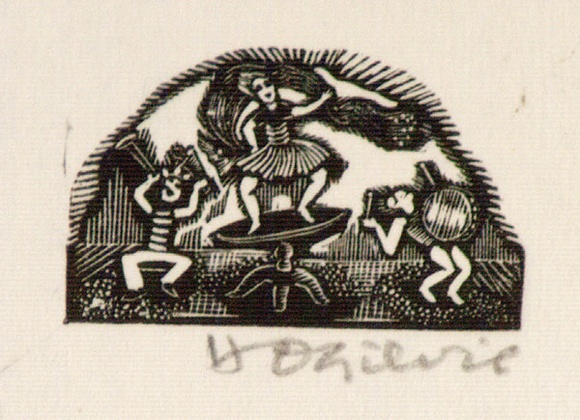 Artist: b'OGILVIE, Helen' | Title: b'(Three performers, one on table)' | Date: 1953 | Technique: b'wood-engraving, printed in black ink, from one block'