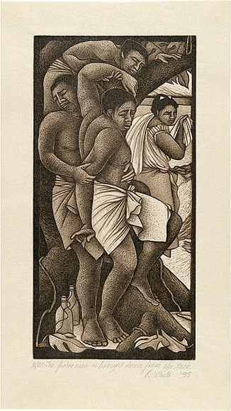 Artist: b'White, Robin.' | Title: b'The fisherman is brought down from the tree' | Date: 1995 | Technique: b'woodcut, printed in sepia ink, from two blocks'