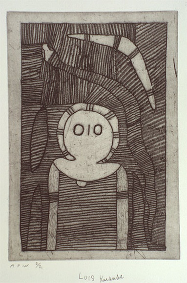 Artist: b'Karadada, Louis.' | Title: b'Not titled [Wandjina figure and boomerang].' | Date: 2000, October | Technique: b'etching, printed in black ink, from one plate'