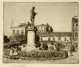 Artist: LINDSAY, Lionel | Title: Lang's statue and Pfahlerts Hotel | Date: 1936 | Technique: etching, printed in brown ink with plate-tone, from one plate | Copyright: Courtesy of the National Library of Australia