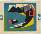 Artist: b'Brash, Barbara.' | Title: b'Harbour.' | Date: c.1955 | Technique: b'linocut, printed in colour, from five blocks'