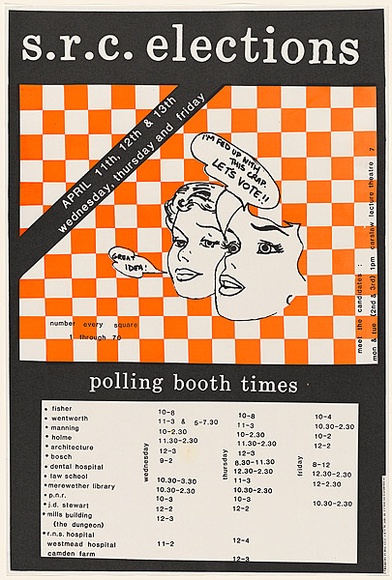 Artist: UNKNOWN (STUDENT) | Title: S.R.C. Elections...I'm fed up with this crap. Lets vote!! | Date: 1984 | Technique: screenprint, printed in colour, from two stencils
