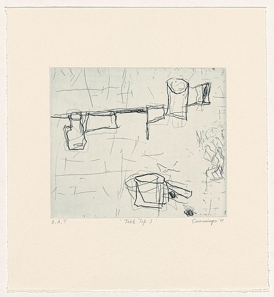 Artist: b'Cummings, Elizabeth.' | Title: b'Table top 1.' | Date: 2001 | Technique: b'etching, printed in blue/black ink with plate-tone, from one plate'