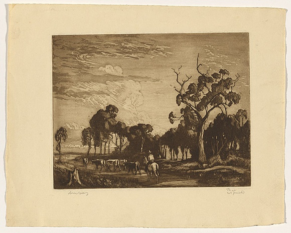 Artist: b'LINDSAY, Lionel' | Title: b'Droving' | Date: c.1942 | Technique: b'etching, sugarlift-aquatint, roulette and burnishing, printed in brown ink, from one plate' | Copyright: b'Courtesy of the National Library of Australia'