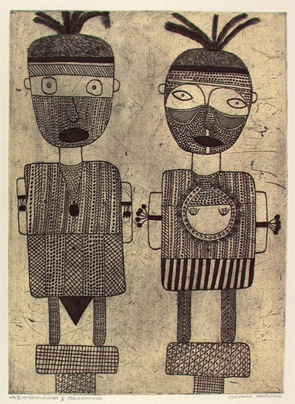 Artist: b'MUNGATOPI, Maryanne' | Title: b'Murrukupuwara & malakaninga (young woman + young man)' | Date: 1998, August | Technique: b'etching, printed in cream and black ink, from two plates'