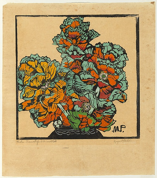 Artist: b'PRESTON, Margaret' | Title: b'Hakea' | Date: 1933 | Technique: b'woodcut, printed in black ink, from one block; hand-coloured' | Copyright: b'\xc2\xa9 Margaret Preston. Licensed by VISCOPY, Australia'