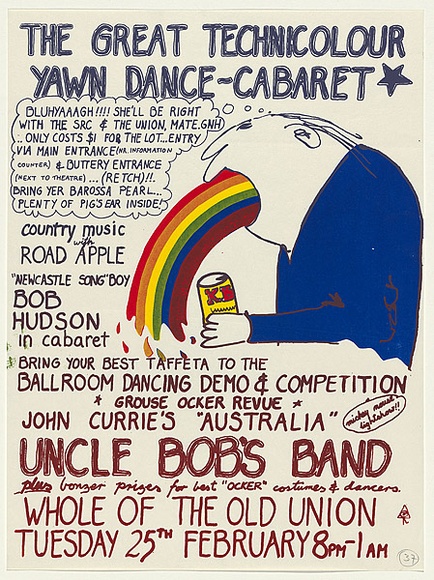 Artist: b'EARTHWORKS POSTER COLLECTIVE' | Title: b'The great technicolour yawn dance-cabaret' | Date: 1975 | Technique: b'screenprint, printed in colour, from multiple stencils'