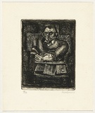 Artist: b'AMOR, Rick' | Title: b'Newspaper seller.' | Date: 1968 | Technique: b'etching, printed in black ink with plate-tone, from one plate' | Copyright: b'Image reproduced courtesy the artist and Niagara Galleries, Melbourne'