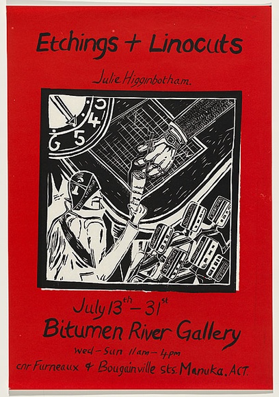 Artist: b'Higginbotham, Julie.' | Title: b'Etchings and Linocuts - Julie Higginbotham' | Date: 1983 | Technique: b'screenprint, printed in colour, from two stencils'