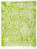 Artist: b'HANRAHAN, Barbara' | Title: b'Circus ladies' | Date: 1977 | Technique: b'relief-etching, printed in green ink, from one plate'