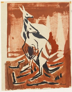 Artist: b'Russell, Elsa.' | Title: b'(Kangaroo)' | Date: c.1965 | Technique: b'screenprint, printed in colour, from two stencils, with monotype and hand-colour,ing'