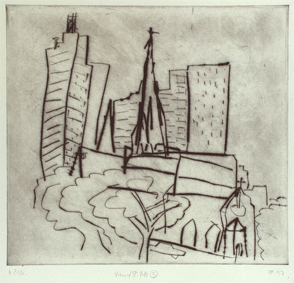 Artist: Furlonger, Joe. | Title: View of St. Pats 7 (clean plate) | Date: 1992 | Technique: drypoint, printed in black ink with plate-tone, from one plate
