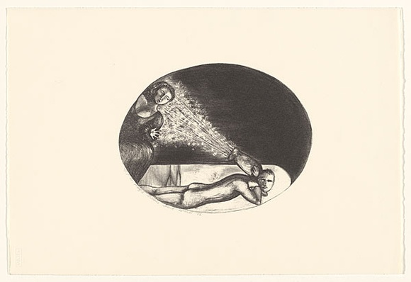 Artist: b'SHARK LeWITT, Vivienne' | Title: b'not titled (oval image with two figures)' | Date: 1986, August | Technique: b'lithograph, printed in black ink, from one stone'