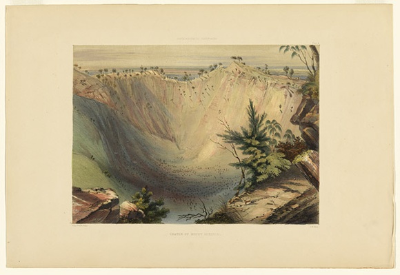 Artist: b'Angas, George French.' | Title: b'Crater of Mount Schanck.' | Date: 1846-47 | Technique: b'lithograph, printed in colour, from multiple stones; varnish highlights by brush'