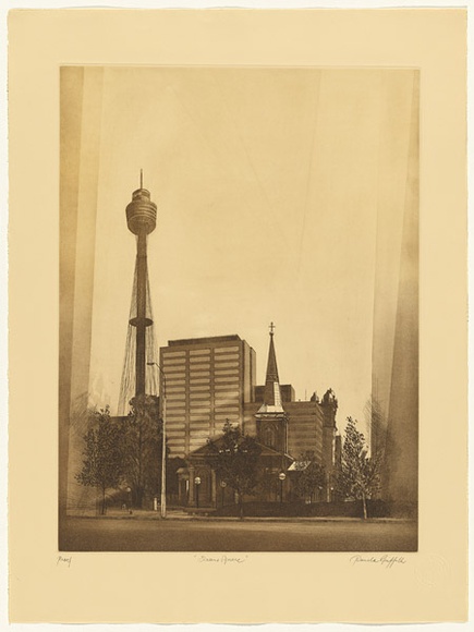 Artist: b'GRIFFITH, Pamela' | Title: b'Queens Square' | Date: 1982 | Technique: b'hardground-etching, aquatint and burnishing, printed in brown ink, from one zinc plate' | Copyright: b'\xc2\xa9 Pamela Griffith'