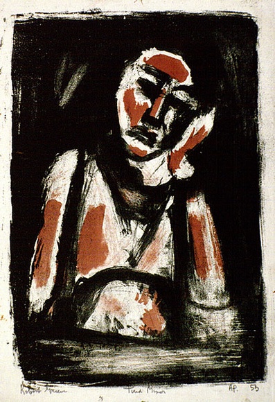 Artist: b'Grieve, Robert.' | Title: b'Tired miner' | Date: 1953 | Technique: b'lithograph, printed in colour, from two stones [or plates]'