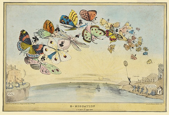 Title: b'E-migration or a flight of fair game.' | Date: 1832 | Technique: b'lithograph, printed in black ink, from one stone; hand-coloured'