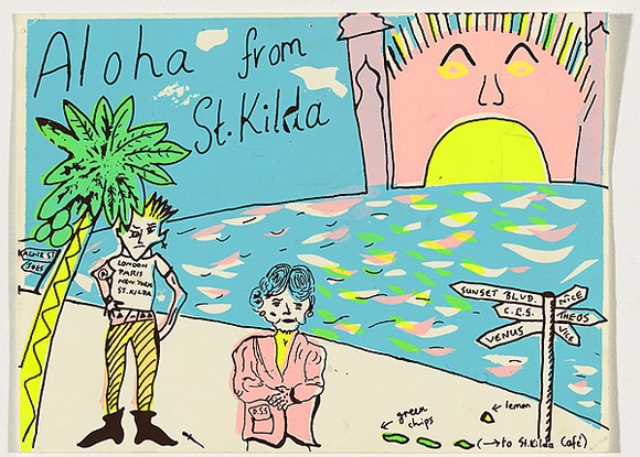 Artist: b'Church, Julia.' | Title: b'Postcard: Aloha from St Kilda.' | Date: 1984 | Technique: b'screenprint, printed in colour, from multiple stencils'