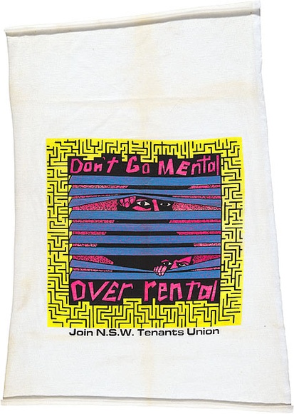 Artist: b'REDBACK GRAPHIX' | Title: bT-shirt swatch: Don't go mental over rental (big). | Date: 1985 | Technique: b'screenprint, printed in colour, from multiple stencils'