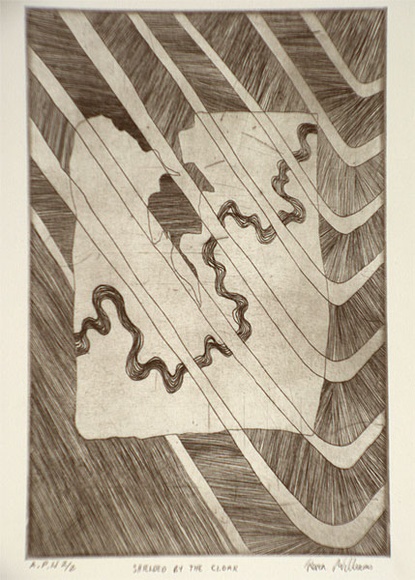 Artist: b'Williams, Kevin.' | Title: b'Shielded by the cloak' | Date: 1999, April | Technique: b'etching, printed in black ink, from one plate'